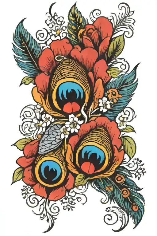 wild flowers and peacock feathers intertwined with hearts  tattoo design idea