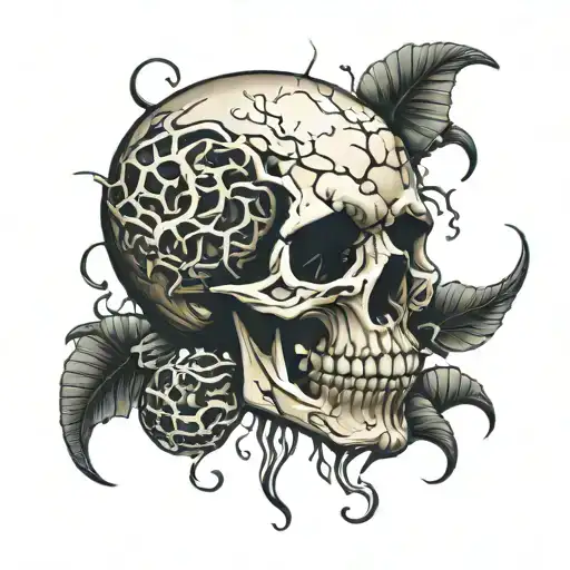 Cracked skull surrounded by worms coming out from the cavities tattoo design idea