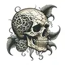 Cracked skull surrounded by worms coming out from the cavities tattoo design idea