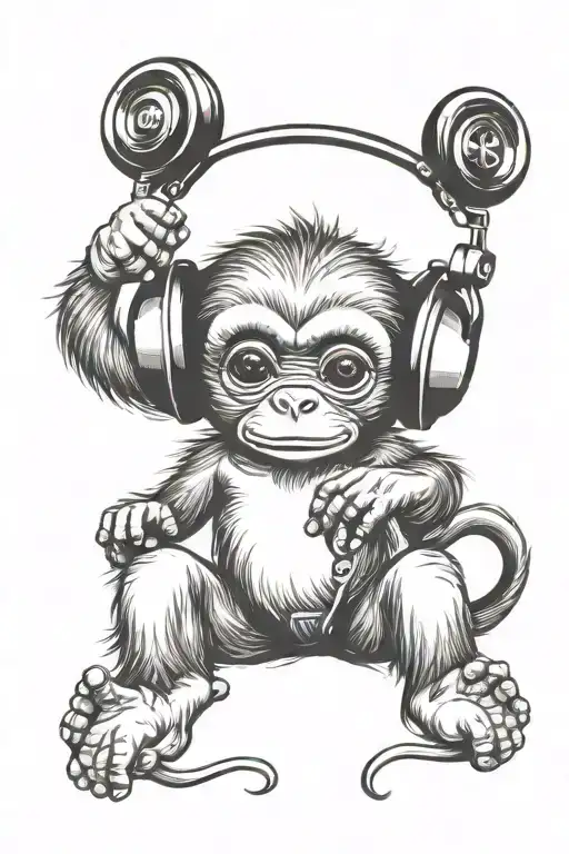 baby monkey sitting with headphone tattoo design idea