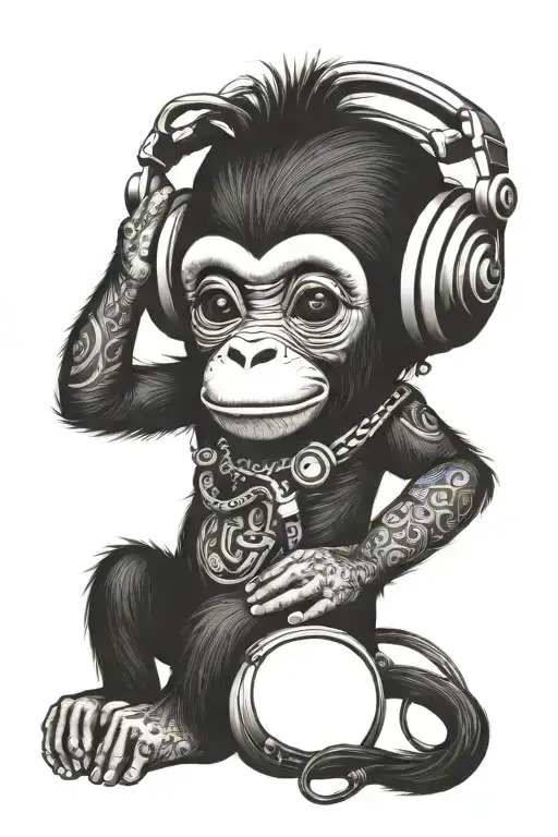 baby monkey with headphone tattoo design idea