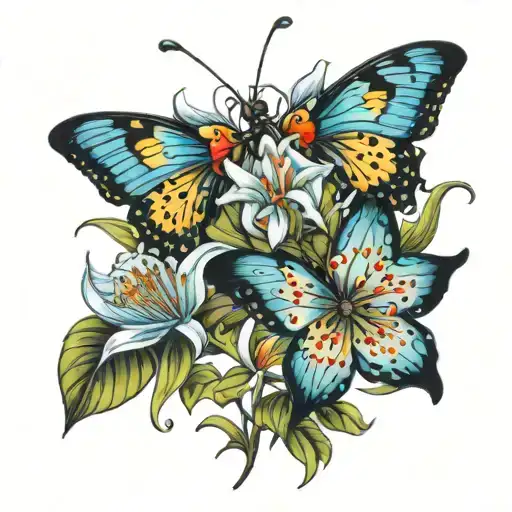 spider lilies with blue butterfly tattoo design idea