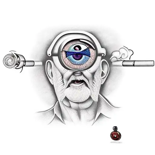 old guy, with a bionic eye, smoking a smoking pipe tattoo design idea