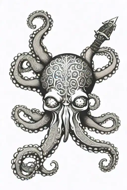 octopus with jimi hendrix head with antacles holding a mesallion of the 4 stoic virtues tattoo design idea