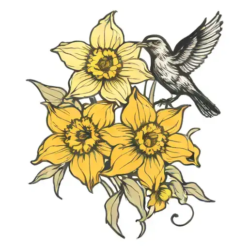 outline of daffodils with blackbird tattoo design idea