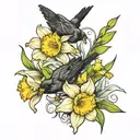 outline of daffodils with blackbird tattoo design idea