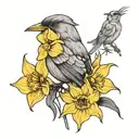 outline of daffodils with blackbird tattoo design idea
