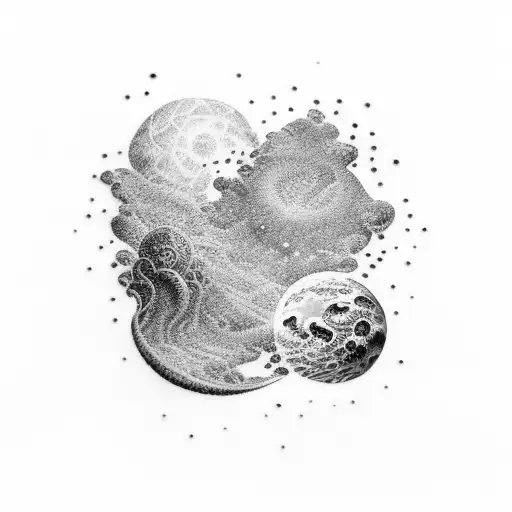 A cosmic landscape inspired by the cosmere series with vibrant colors tattoo design idea