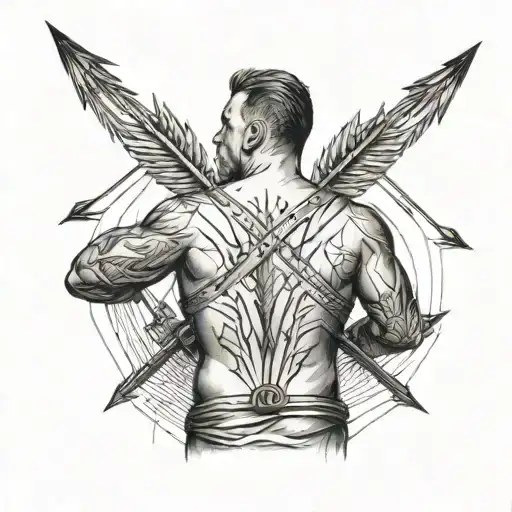 a figure of a man facing to the right with arrows sticking in his back tattoo design idea