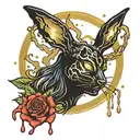 Psychedelic PlayBoy Bunny Girl Icon Black and gold silhouette blood and melting. thorn circle blood dripping off horns tattoo design idea