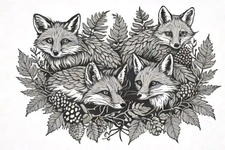 two foxes above a bough of ferns and sticks, with acorns and pine cones tattoo design idea