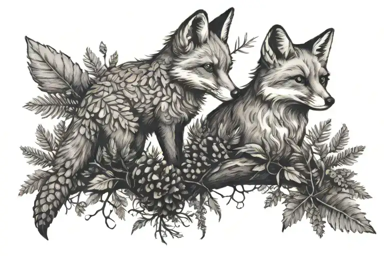two foxes above a bough of ferns and sticks, with acorns and pine cones tattoo design idea