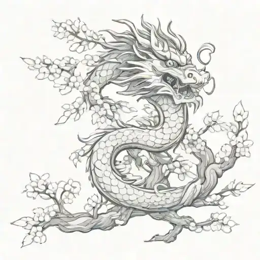 Water Chinese dragon in the branches of a sakura tree with flying sakura petals tattoo design idea