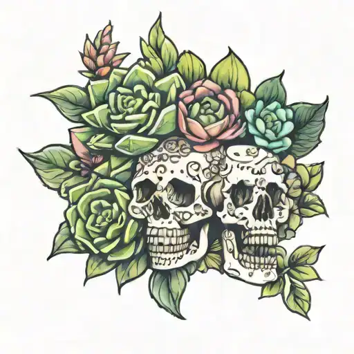 skull succulents cactus flower bouquet tattoo design idea