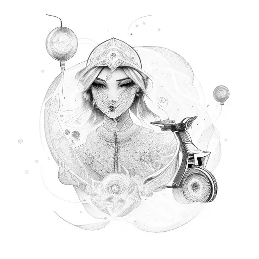 girl riding eletrical scooter wind rose tattoo design idea
