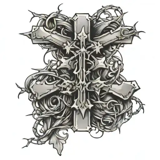 cross with barbed wire and 3 f tattoo design idea