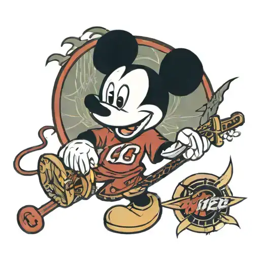 old school mickey mouse in a kansas city chiefs shirt playing a gutiar   tattoo design idea