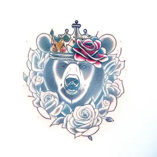 A bear head with a crown made of guitar strings and roses tattoo design idea