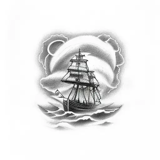 A sleeve tattoo of a wooden ship at sea in a storm with a cthulhu bringing it down tattoo design idea