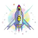An imaginative new-school design of a rocket ship blasting off with colorful planets surrounding it tattoo design idea
