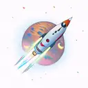 An imaginative new-school design of a rocket ship blasting off with colorful planets surrounding it tattoo design idea