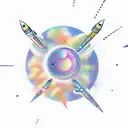 An imaginative new-school design of a rocket ship blasting off with colorful planets surrounding it tattoo design idea