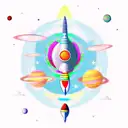 An imaginative new-school design of a rocket ship blasting off with colorful planets surrounding it tattoo design idea