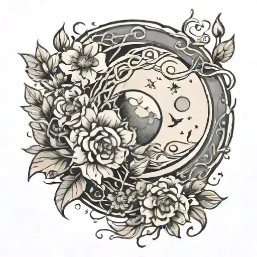 moon with flowers intertwined tattoo design idea