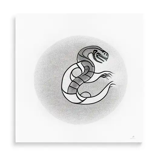 A minimalist tattoo of a sunset over a serene landscape with a silhouette of a cobra slithering through the grass. tattoo design idea