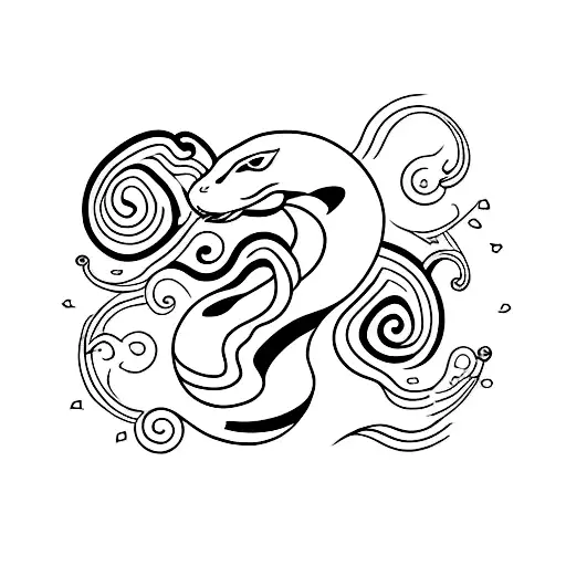 A minimalist tattoo of a sunset over a serene landscape with a silhouette of a cobra slithering through the grass. tattoo design idea