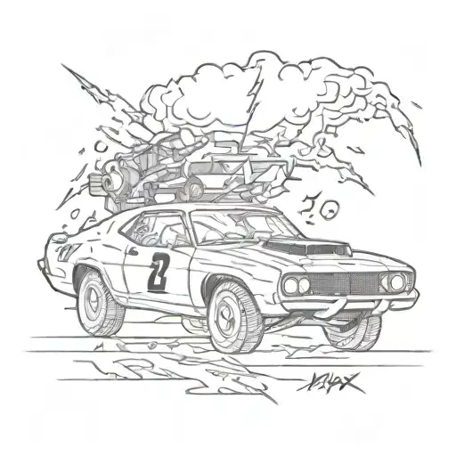 Mad/Max outside a lightning bolt with the numbers 2/04/21 inside the bolt tattoo design idea