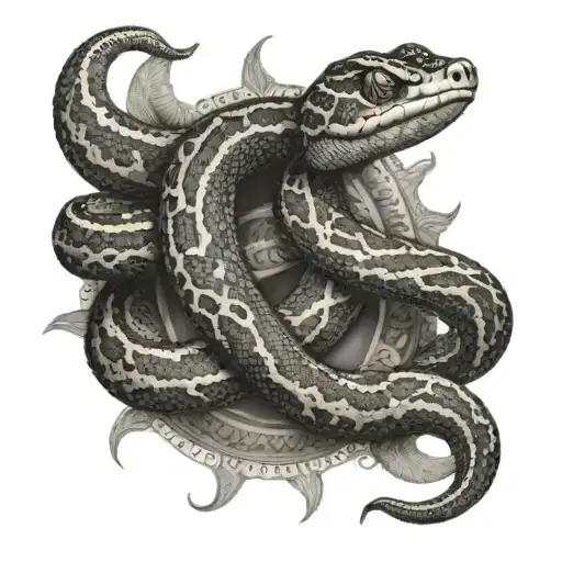 A dotwork tattoo of a  boa constrictor coiled around a sacred orthodox symbol tattoo design idea