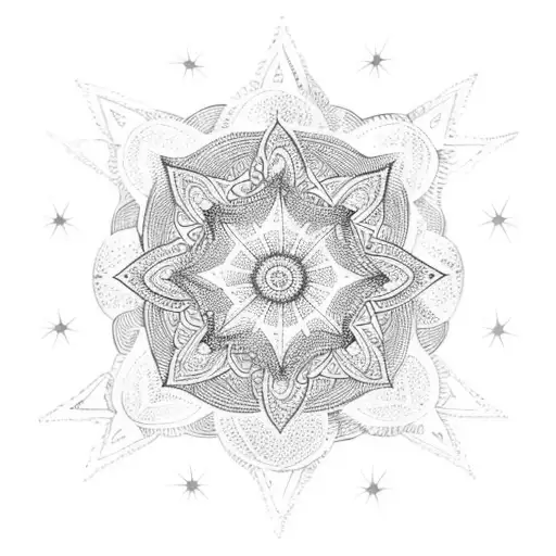 Mandala star surrounded by tiny stars tattoo design idea