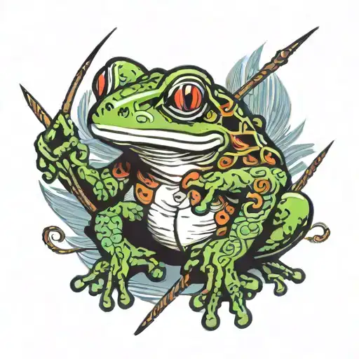 frog with sewing needles, scissors and threads tattoo design idea