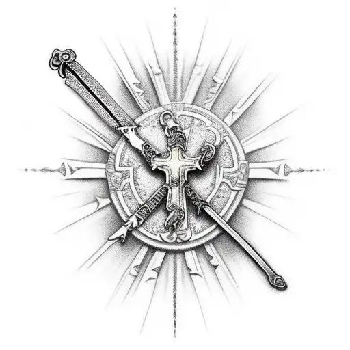 Jesus cross with sword and shield tattoo design idea