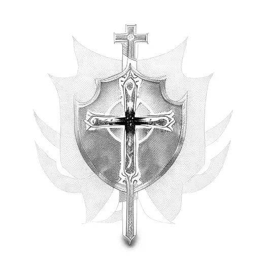 Jesus cross with sword and shield tattoo design idea