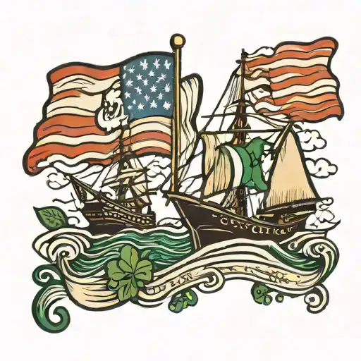 irish flag waving and american flag with a ship sailing tattoo design idea