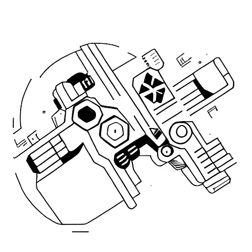 A minimalist tattoo of a gaming console controller embedded in a futuristic cyberpunk city tattoo design idea