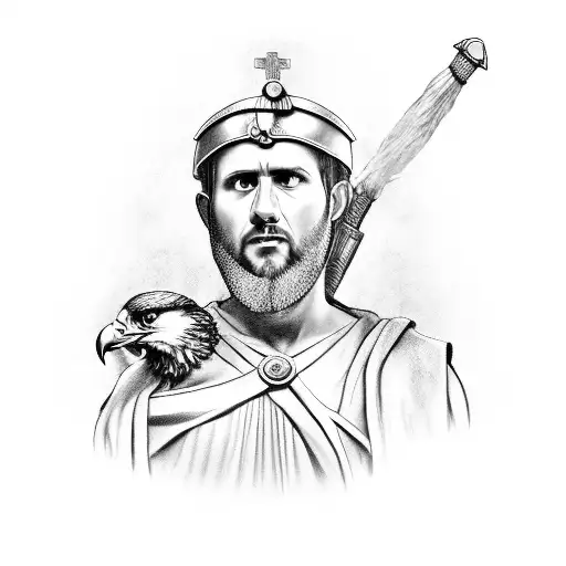A stoic Roman soldier holding a banner with the SPQR emblem and an eagle perched on his shoulder tattoo design idea