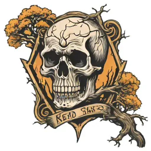 Road sign skull dead tree tattoo design idea