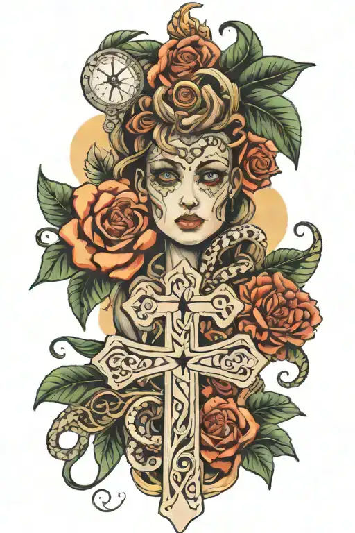 Forearm tatto (full background) with quote "The eyes chico, they never lie.", with a cross (Christian), snake and compa tattoo design idea