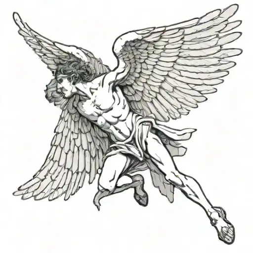lower side profile of icarus falling from the sky with his wings wide and melting off tattoo design idea