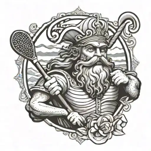 A detailed portrait of King Neptune wearing a Yankees jersey and holding a golf club, with a subtle Hawaiian flower incorporated into the design tattoo design idea