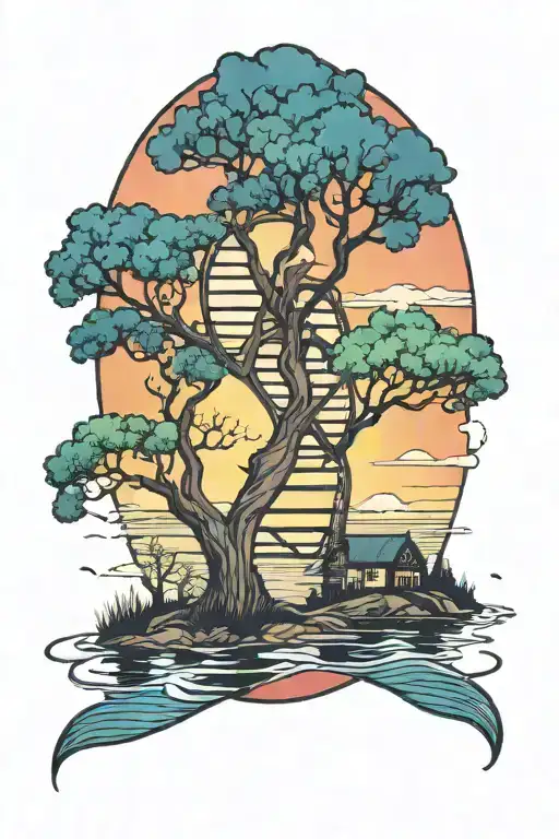 Dna strand into 2 trees colors sunset over lake tattoo design idea