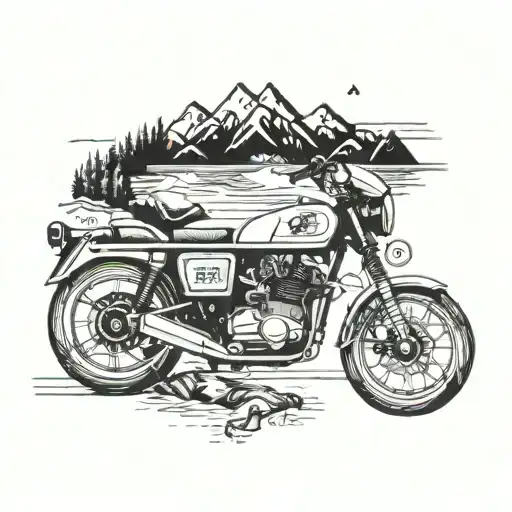 A tattoo which has a bike rider, compass, travelling element, f1 race car, mountains tattoo design idea