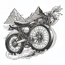 A tattoo which has a bike rider, compass, travelling element, formula 1 race car, mountains tattoo design idea