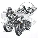 A tattoo which has a bike rider, compass, travelling element, formula 1 race car, mountains tattoo design idea
