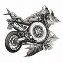 A tattoo which has a bike rider, compass, travelling element, formula 1 race car, mountains tattoo design idea