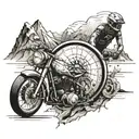 A tattoo which has a bike rider, compass, travelling element, formula 1 race car, mountains tattoo design idea