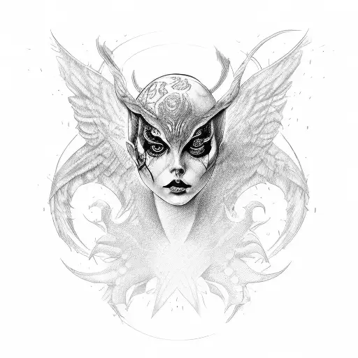 Generate Tattoo Girl Red Calelli Green Eyes and Devil and Angel Mask tattoo design idea